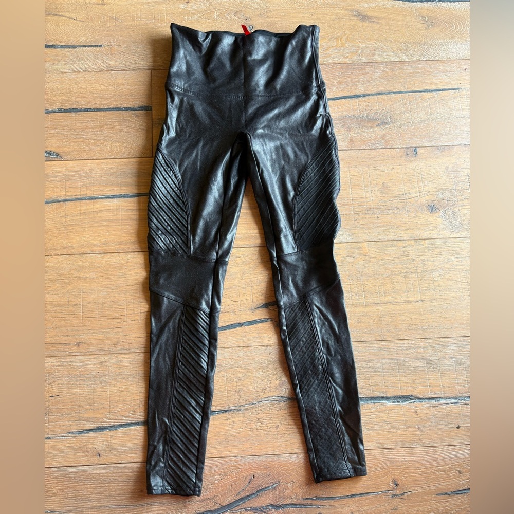 SPANX Black Faux-Leather Moto Leggings